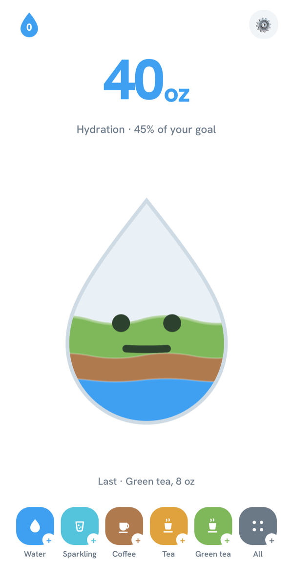 Dewey home screen: the drop buddy filled with stacked bands of water, coffee, and green tea
