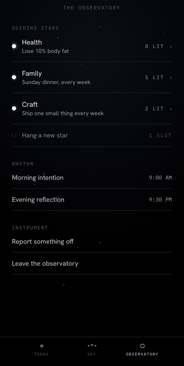 The Observatory: guiding stars with their aims, and morning and evening rhythm times