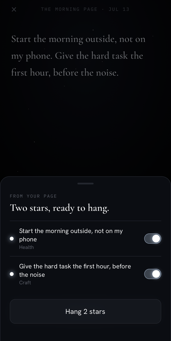 North Star reads the page and offers two stars to hang, each mapped to a guiding star